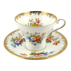 Aynsley Corset Cup and Saucer - Multicolor Floral Bouquets - 1940s Tea Cup