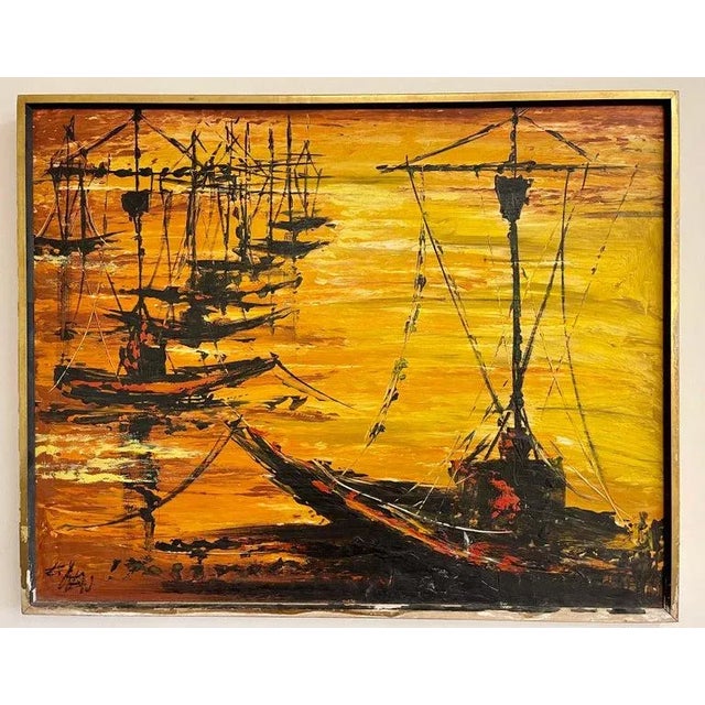 Palette Knife oil painting of fishing boats. A finely detailed oil painting, signed lower left corner in a gilt and ebony...