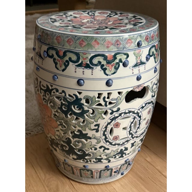 Antique Chinoiserie Ceramic Garden Stool With Pink Lotus Motif and Handles For Sale - Image 4 of 4