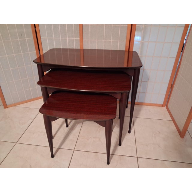 Vintage Mid Century Modern Nesting Tables Set of Three Mahogany With Mahogany Laminate Tops. For Sale - Image 11 of 17
