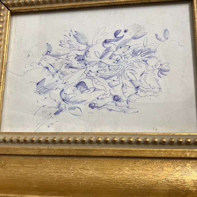 Original purple/blue in drawing 5 x 7 unsigned Overall size with new old stock frame is 9 x 11