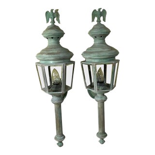 Magnificent Pair of Vintage Solid Brass Eagle-Topped Wall Lanterns For Sale