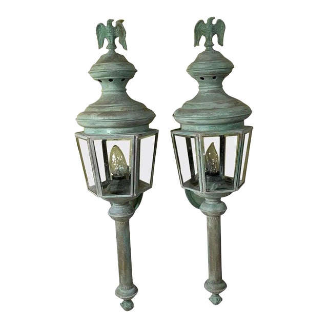 Magnificent Pair of Vintage Solid Brass Eagle-Topped Wall Lanterns For Sale