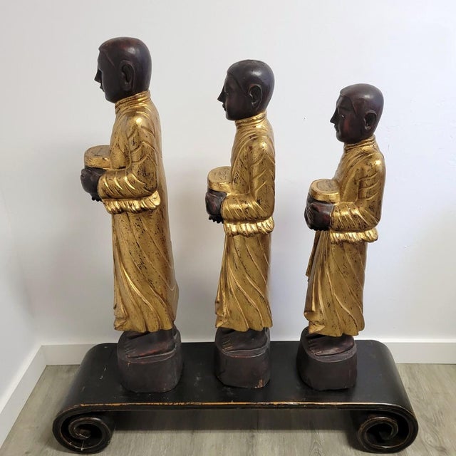 Figurative Set of Three Large Carved Gilt Thai Monks on Scroll Base, Late 20th Century For Sale - Image 3 of 14