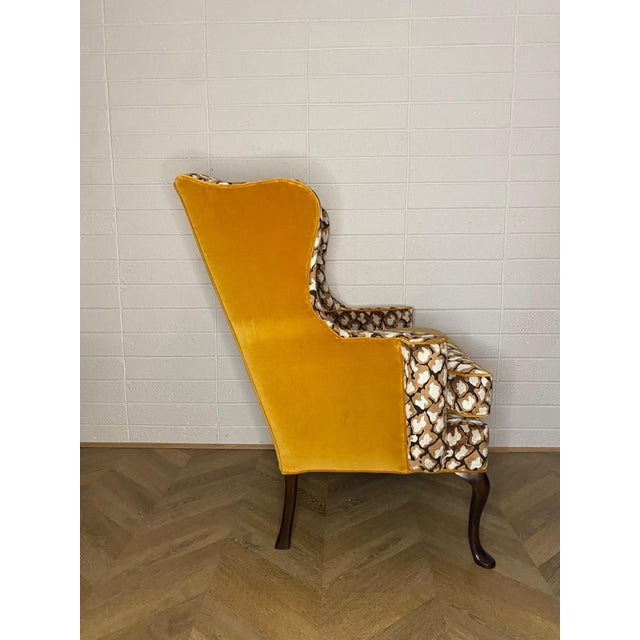 Traditional 1980s Vintage Reupholstered Leopard Print Wingback Arm Chair With Yellow Stripe For Sale - Image 3 of 8