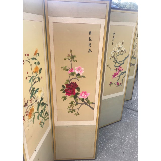 Vintage Asian 6Panel Embroidered Silk Folding Screen Room Divider