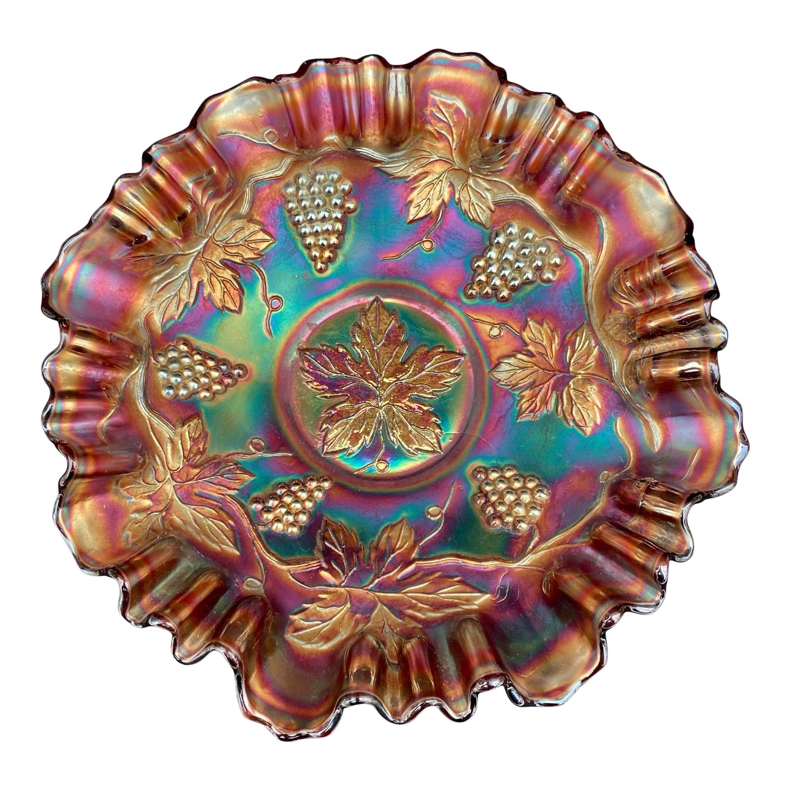 Antique Fenton Amethyst Carnival Glass Leaf & Grape Pattern Ruffled