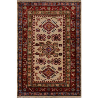 1990s Tribal Rustic Ivory/Red Hand-Knotted Wool Rug - 2'0 X 2'11 For Sale