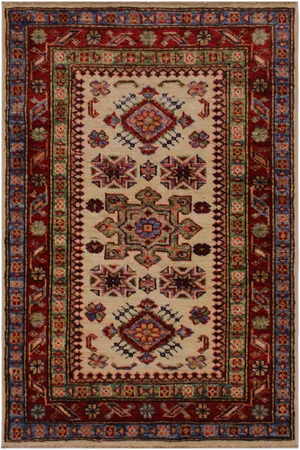 1990s Tribal Rustic Ivory/Red Hand-Knotted Wool Rug - 2'0 X 2'11