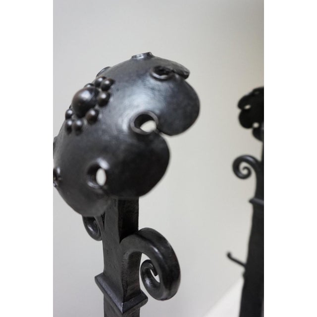 Amsterdamse School Dutch Art Deco Iron Andirons with Cross Bar, 1920s, Set of 3 For Sale - Image 6 of 15
