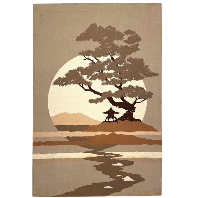 This mid-century modern textile wall art panel features a serene Japanese-inspired landscape rendered in warm, earthy...