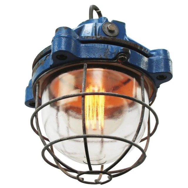French industrial hanging lamp by mapelec amiens. 1977 blue cast iron with clear glass heavy! 13.80 kg / 30.4 lb e27 / e26...