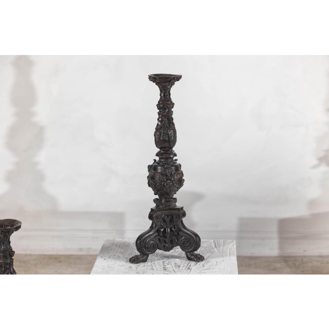 Black Baroque-Style Ornate Metal Candlesticks with Cherub, Volute and Garland Motifs - set of 2 For Sale - Image 8 of 12