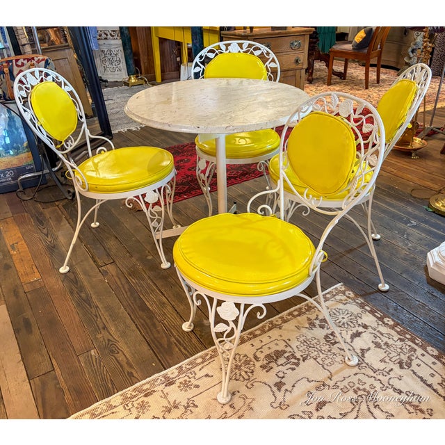 Vintage 1960s 5-Piece White Cast Iron and Marble Patio Set With Bright Yellow, Vinyl Seat and Back Cushions For Sale - Image 4 of 10