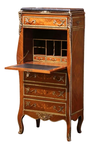 20th Century French Louis XV Walnut Marquetry Secretary Chest With Marble Top