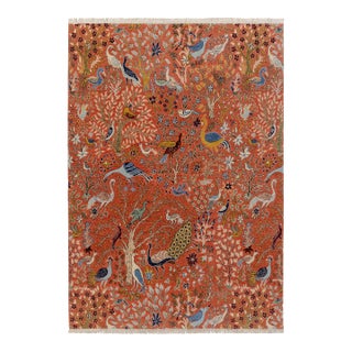 8x10 Rust Red William Morris Inspired Colorful Birds Garden Wool Rug For Sale