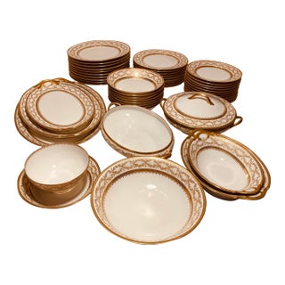 Rare Vintage Large Set of Limoges C. H. Field Havilland Porcelain Dinnerware Set Blanc De Chine With Gold Gilt Triple Borders For Sale