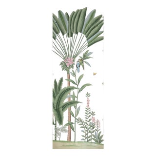 Hand Painted Blush Pink Tropical Palm Parrot Floral Mural Panel For Sale