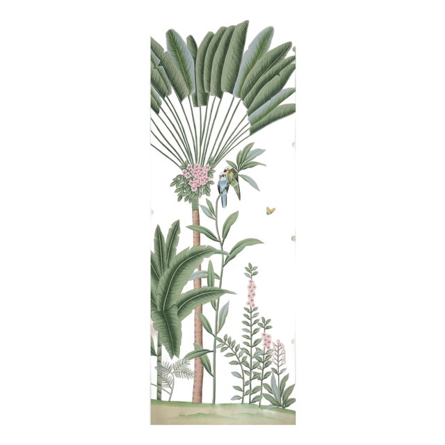 Hand Painted Blush Pink Tropical Palm Parrot Floral Mural Panel For Sale
