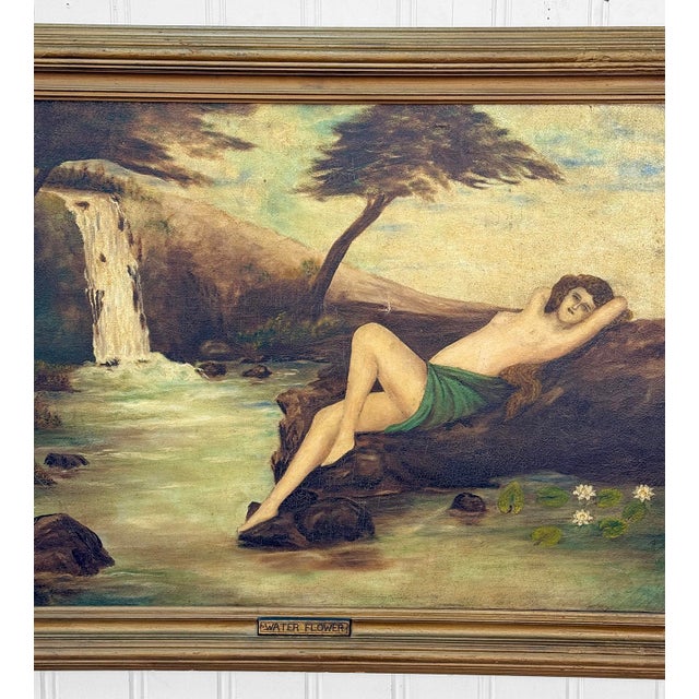 Early 20th Century Antique Art Nouveau Nude Women "Water Flower" Signed Oil on Canvas Painting For Sale - Image 5 of 13