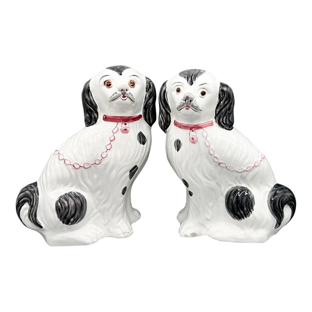 20th C. Portuguese Staffordshire Style Spaniel Dogs – Black & White – English Cottage / Mantel Decor For Sale