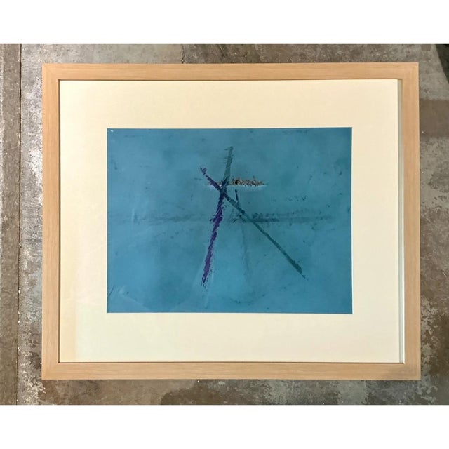 This vintage original abstract oil painting on paper presents a striking study in gestural minimalism, its composition...