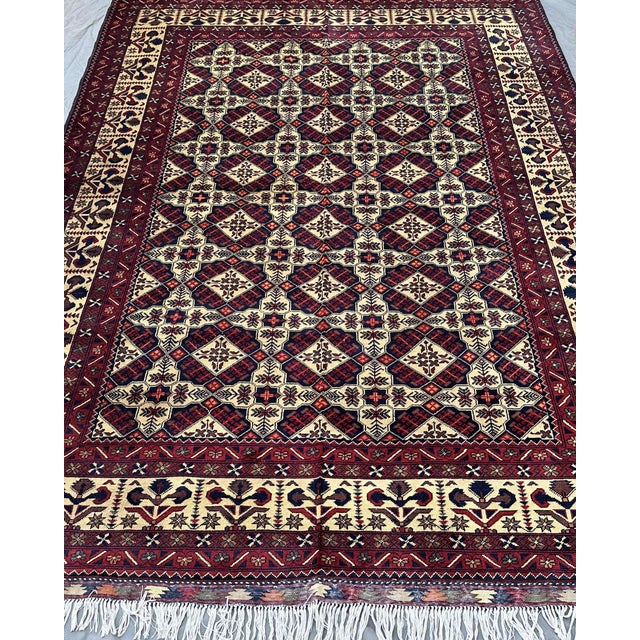 Islamic Afghan Turkmen Hand-Knotted Wool Rug, Ivory Star Lattice, 9'10" X 6'8" For Sale - Image 3 of 14