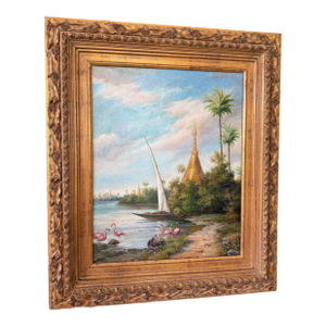 Vintage Tropical Fantasy Landscape Oil Painting With Flamingos and Pagoda, Signed “Miller