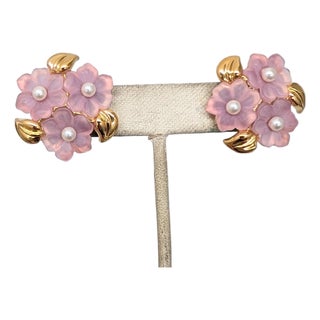 Vintage Signed Napier Goldtone Pink Flowers & Faux-Pearls Pierced Earrings-2 Pieces For Sale