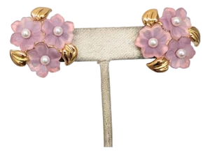Vintage Signed Napier Goldtone Pink Flowers & Faux-Pearls Pierced Earrings-2 Pieces