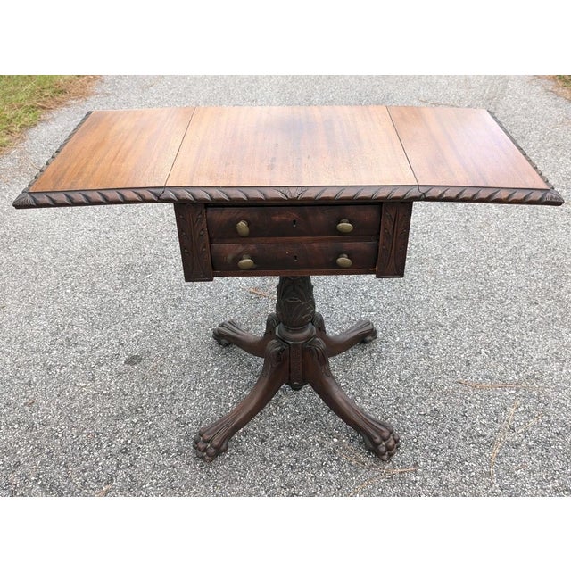 Antique Empire Sewing Work Table by Hersee Furniture Flame Mahogany Drop Leaf For Sale - Image 9 of 13