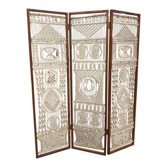 Vintage Macrame and Wooden Handmade Room Divider Chairish