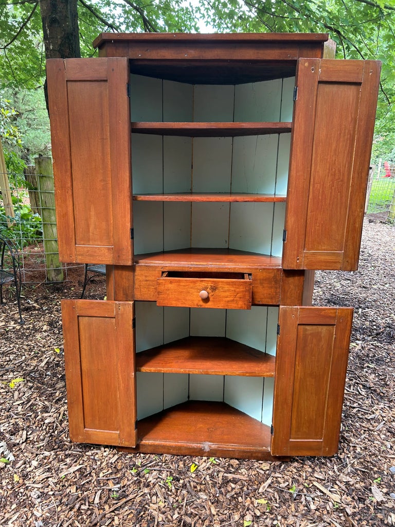 Antique Honey Pine Corner Cabinet With Painted Interior | Chairish