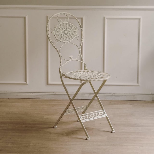 Folding Garden Seating Set with Openwork Ornamentation White Metal, Set of 3 For Sale - Image 6 of 15