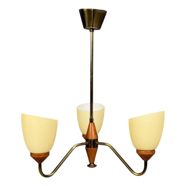 1950s Swedish Modern, Pendant Light, Teak, Brass, Glass For Sale