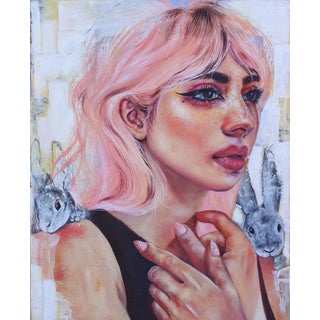 We Would have Been by Now by MJ Lindo | Oil Painting of a woman with pink hair and rabbits For Sale