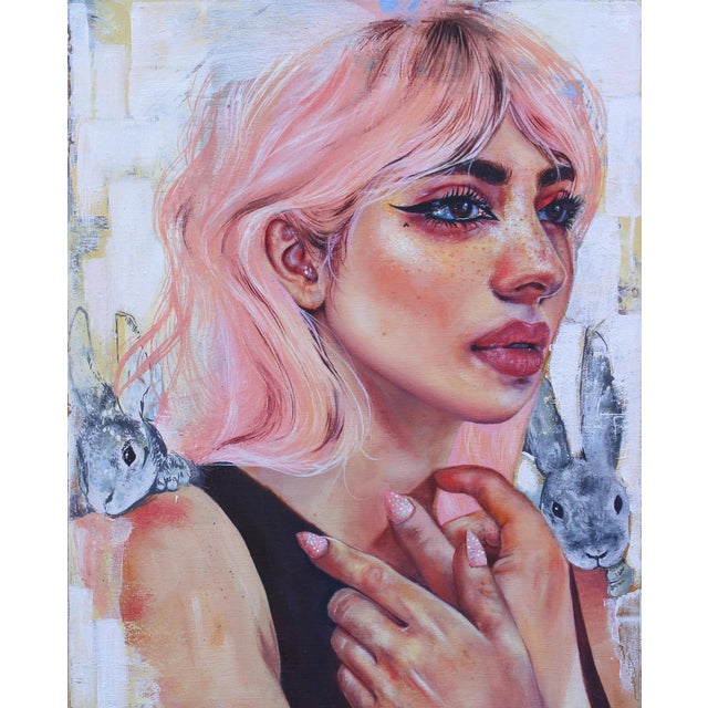We Would have Been by Now by MJ Lindo | Oil Painting of a woman with pink hair and rabbits For Sale