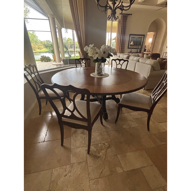 Hooker Furniture brand new dining chairs, with beautiful fretwork, neutral boucle fabric with warm cherry tone wood...