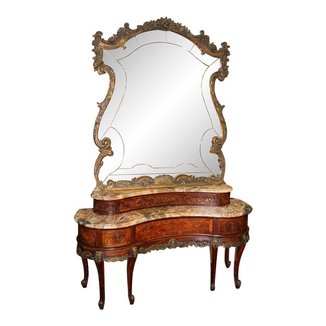 French Louis XV Style Inlaid Walnut Marble Top Etched Mirror Vanity Circa 1920's For Sale