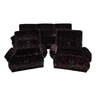 Set of Vintage Patterned Velvet Sofa and Two Coordinating Club Chairs For Sale