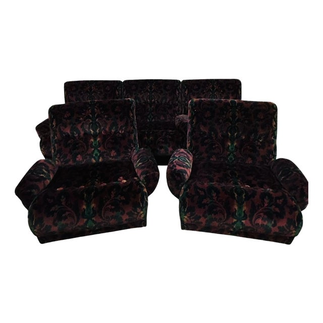 Set of Vintage Patterned Velvet Sofa and Two Coordinating Club Chairs For Sale