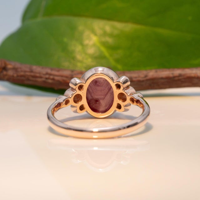 Red 4.6Ct Star Ruby Ring With Earth-Mined Diamond Accents: Solid 14k Gold, 10x8mm For Sale - Image 8 of 9