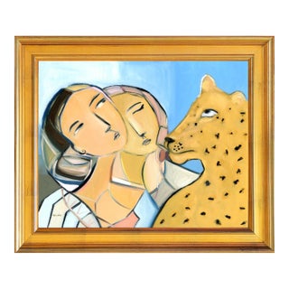 Mid Century Modern Cubist Abstract Figurative Angels Vintage Swedish Inspired Oil Painting by Alexandra Swistak For Sale