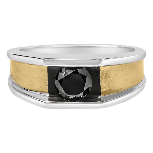 Men's 14K Yellow Gold Plated Sterling Silver 1.0 Cttw Round Black Diamond Band Ring - Size 10.5 For Sale