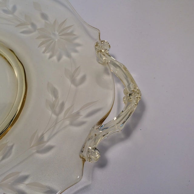 Yellow Floral Etched Lancaster Platter 1930's For Sale - Image 9 of 12