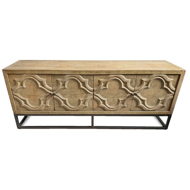 Salvaged wood sideboard with Moorish carved designs on four doors. Softly weathered and patinated wood finish with subtle...