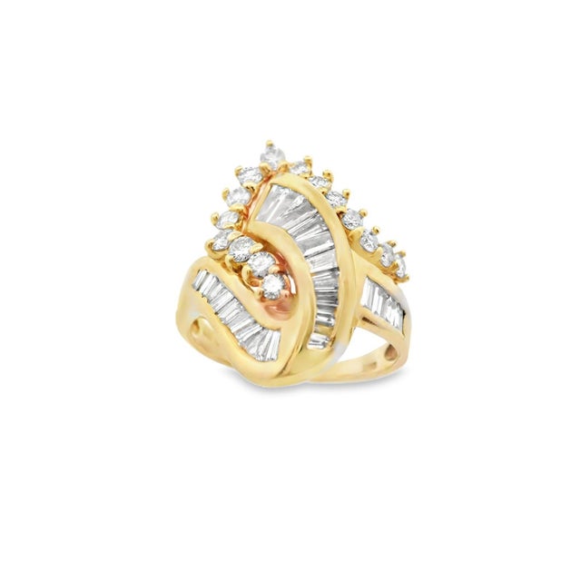 Metal 1990s 14k Yellow Gold Baguette and Round Diamond Cluster Ring, Size 7.25 For Sale - Image 7 of 12