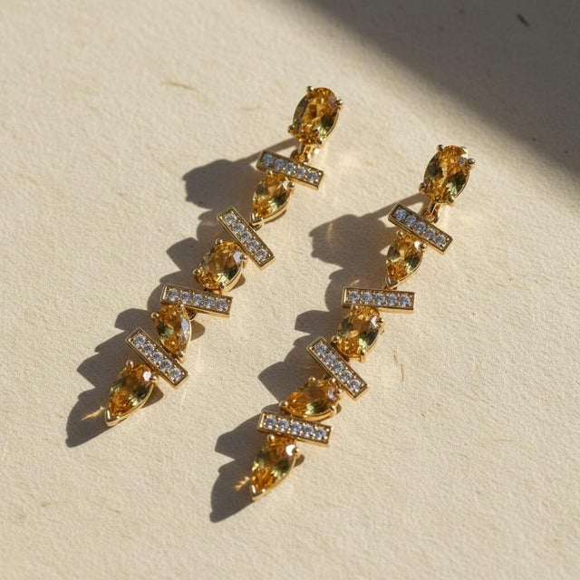 Geometric Citrine Earrings. Asymmetrical Citrine Drop Earrings. Contemporary Citrine Linear Drop Earrings in silver....