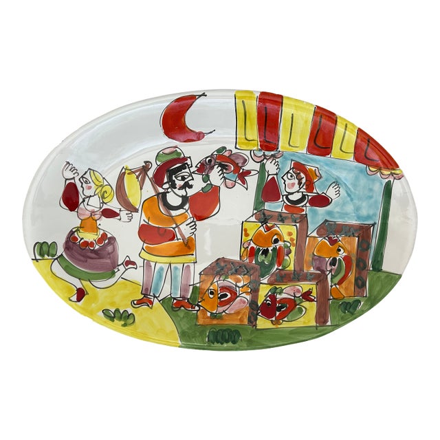 Vintage Italian Terracotta Art Pottery La Musa Desimone Saks Fifth Avenue Hand Painted Fish Market Oval Serving Platter For Sale