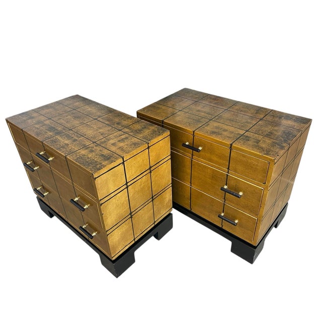 Hollywood Regency 70s Gilt Low Chests / Nightstands, a Pair, in the Style of Karl Springer, Modern Hollywood Regency, Asian Inspired For Sale - Image 3 of 16